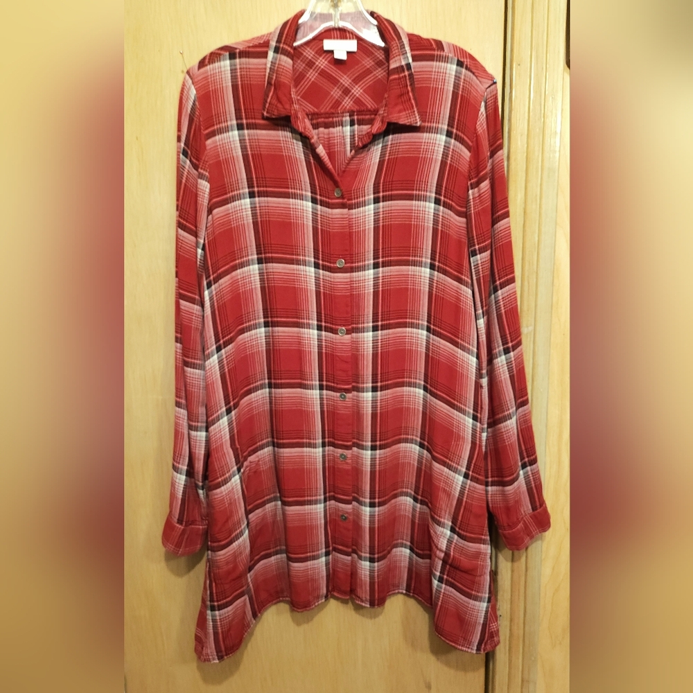 J JILL Tall Shirt Womens Sz Sm Red Flannel Oversized Top Pockets Long Sleeve